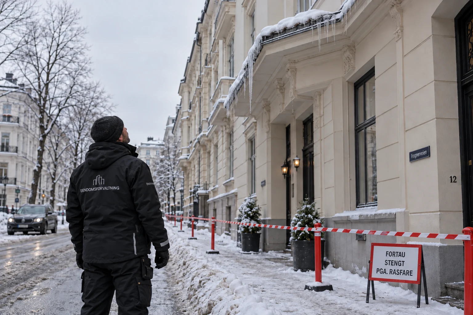 Virkelighetsnær 3D-illustrasjon: Snø og is fra taket: gårdeiers ansvar i Oslo