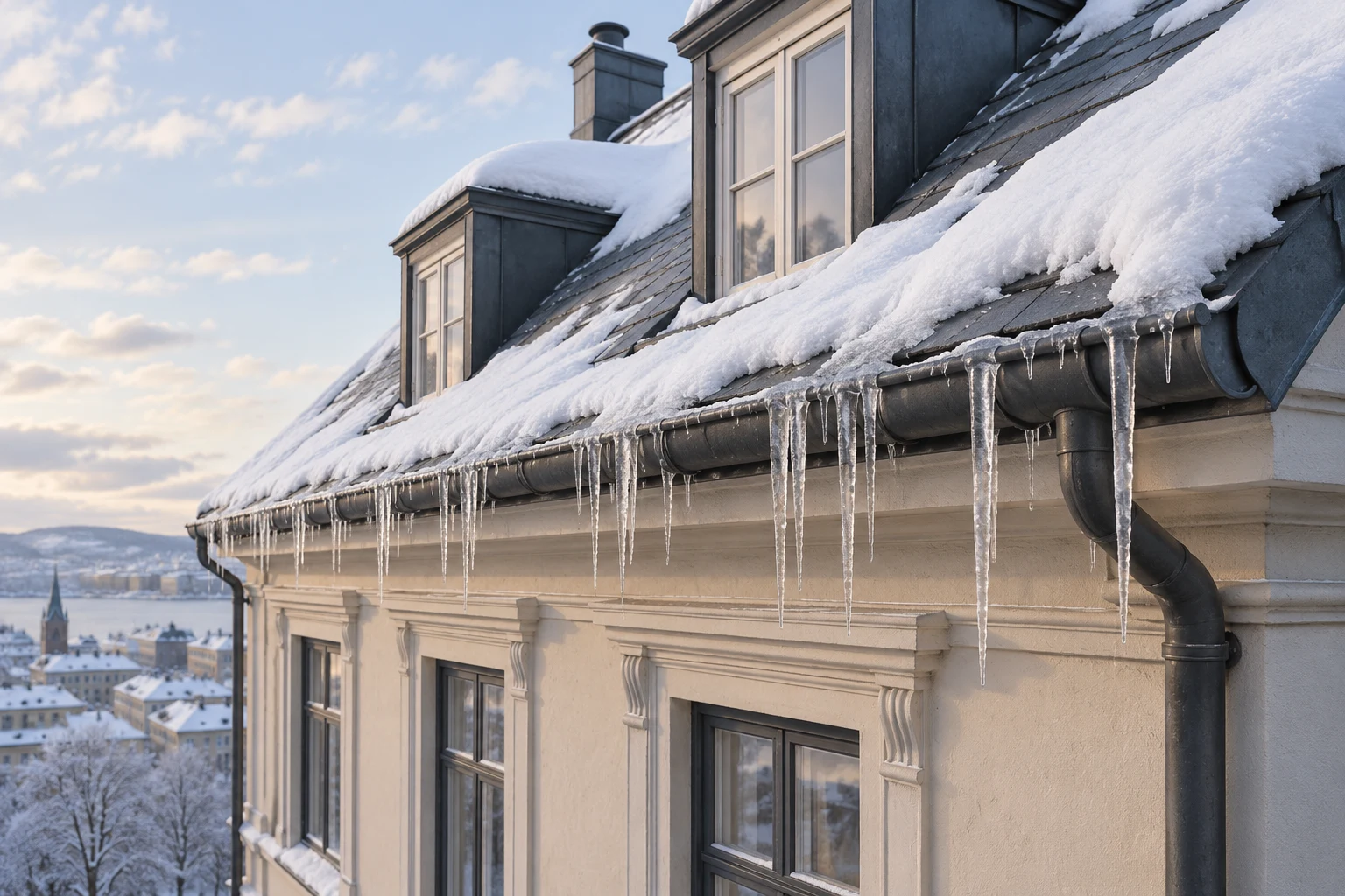 3D-illustrasjon av snø og istapper ved takkant og takrenne på en Oslo-bygård