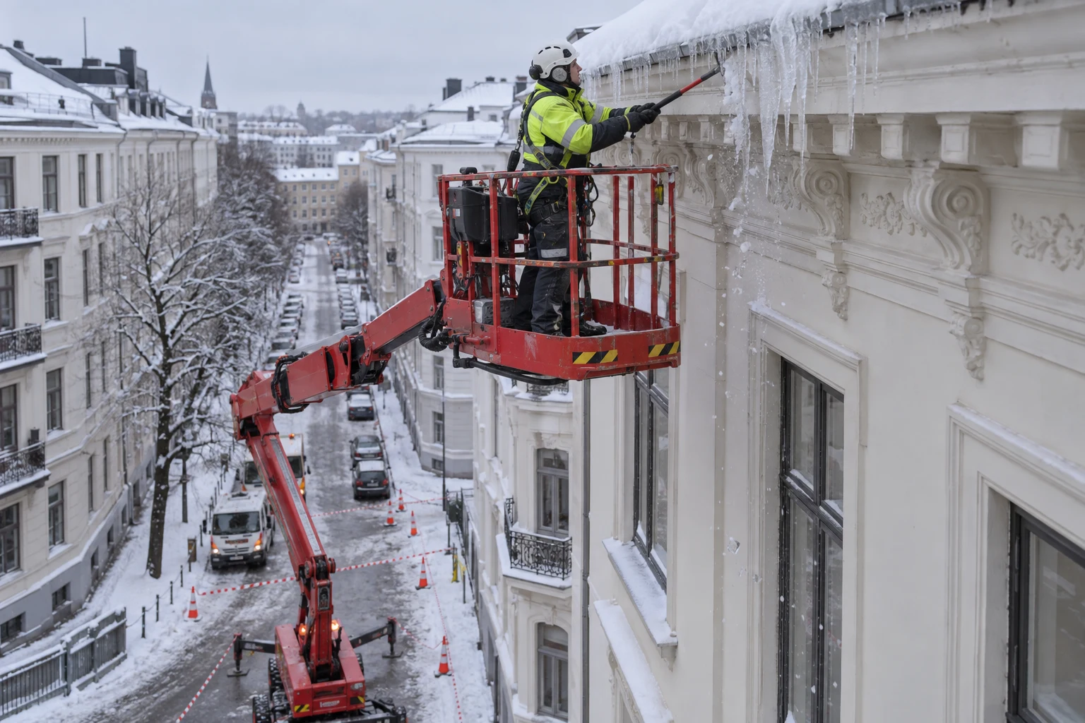 Virkelighetsnær 3D-illustrasjon av istappfjerning fra lift ved en Oslo-bygård