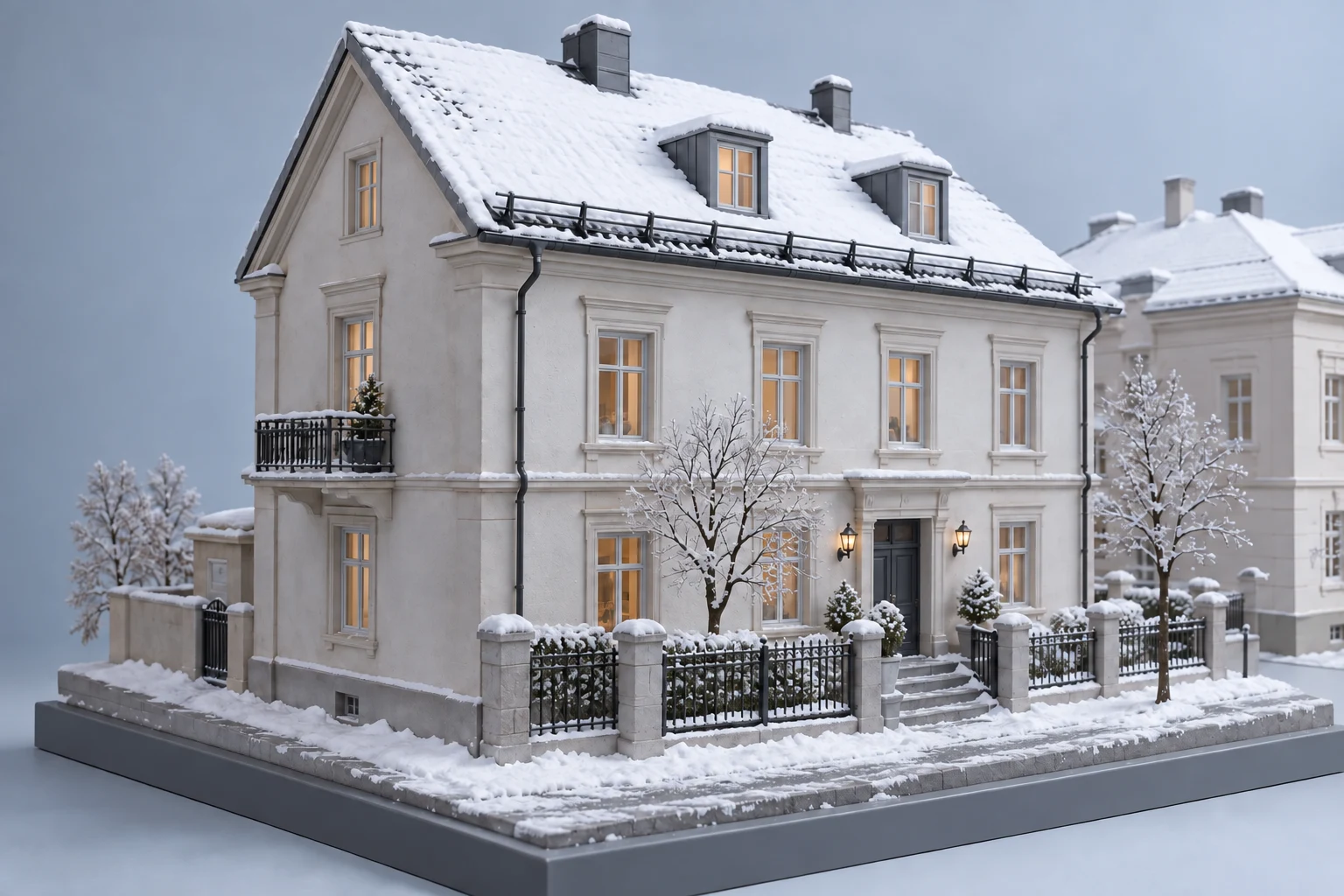 Virkelighetsnær 3D-illustrasjon: Takras, varselskilt og vintersikkerhet.