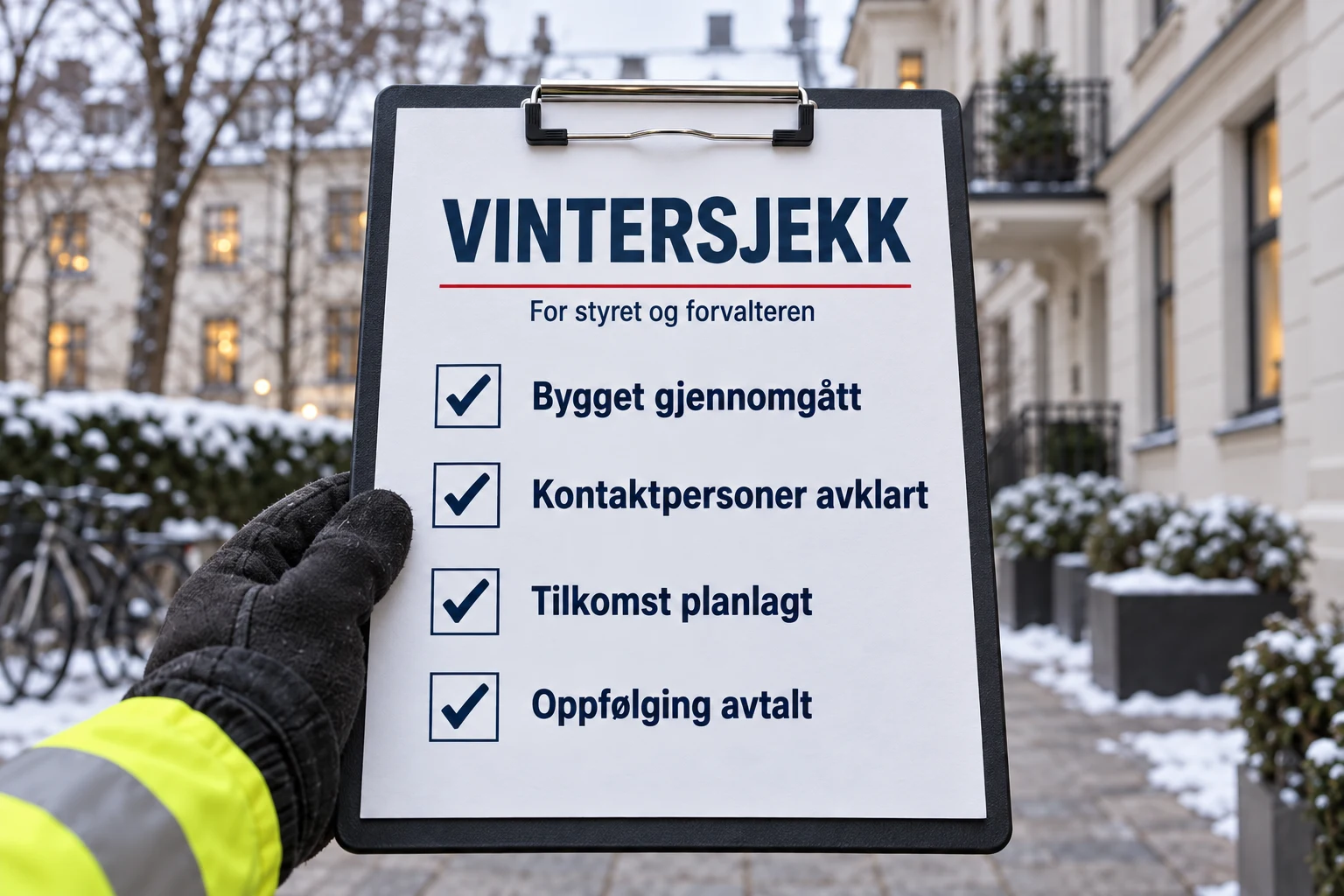 Illustrert vintersjekk: bygget gjennomgått, kontaktpersoner avklart, tilkomst planlagt og oppfølging avtalt