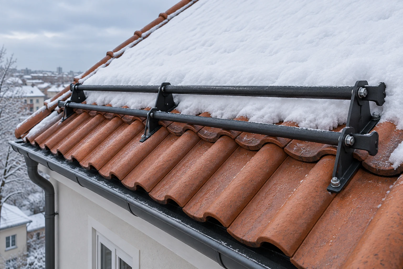 Virkelighetsnær 3D-illustrasjon av snøfangere på et snødekt tak