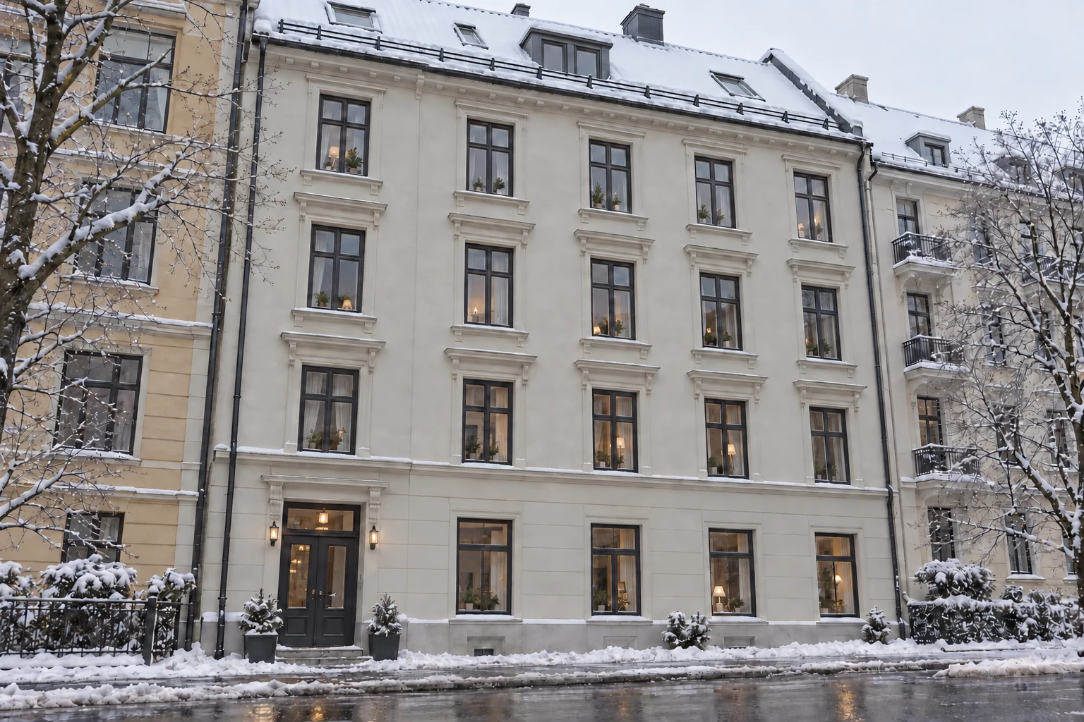 Illustrasjon av en høy Oslo-bygård med snøfangere på taket og fortau nedenfor