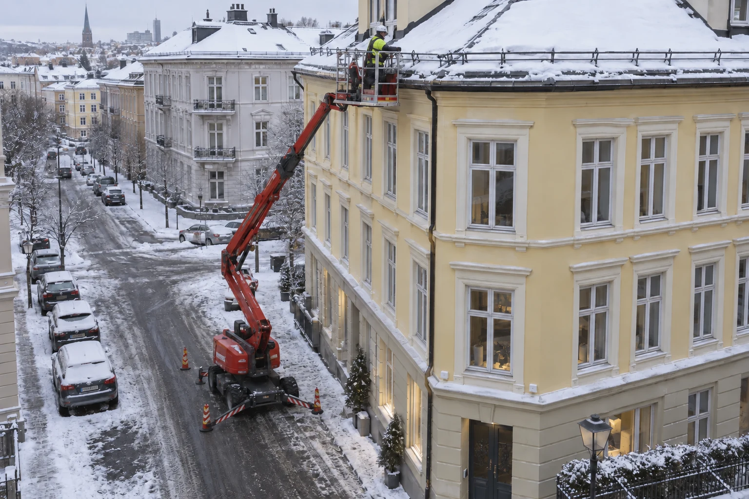 3D-illustrasjon av vintertjenester ved en Oslo-bygård, med lift, varselskilt og snøfangere