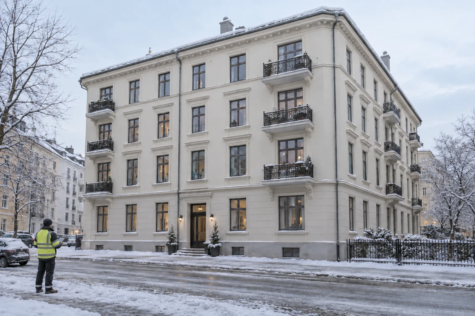 Virkelighetsnær 3D-illustrasjon av vinteroppfølging ved en Oslo-bygård