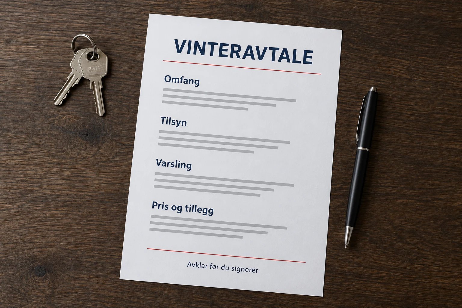 Illustrert vinteravtale på et bord med punktene omfang, tilsyn, varsling og pris og tillegg
